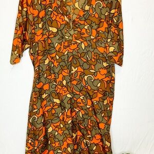 Vintage Boho Dress Orange Brown Floral Autumn Print Medium
